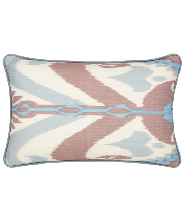 A pale blue and taupe silk Ikat cushion with piped edging.