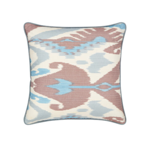 Terracotta and blue cushions in hand-woven, luxury, silk Ikat.