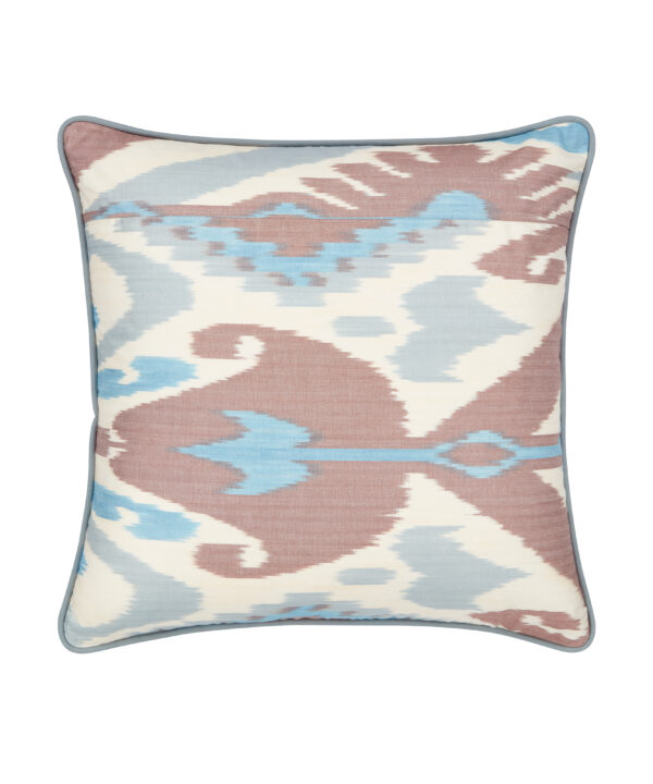 Terracotta and blue cushions in hand-woven, luxury, silk Ikat.