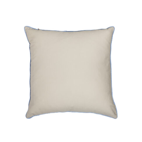 Beige cotton cushion reverse with pale blue piped satin trim.