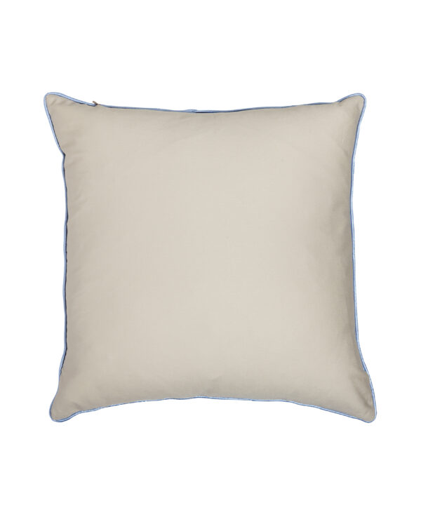 Beige cotton cushion reverse with pale blue piped satin trim.