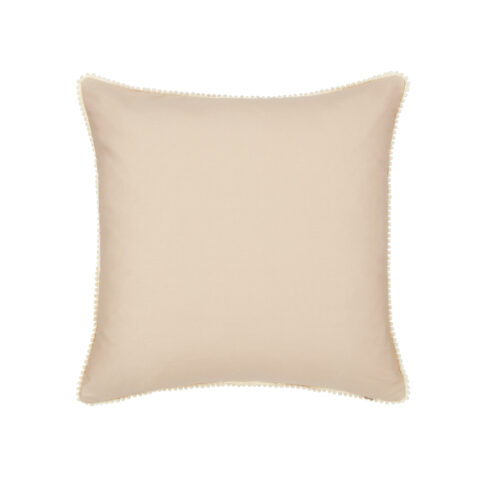 Beige cotton cushion reverse with small bobble trim.