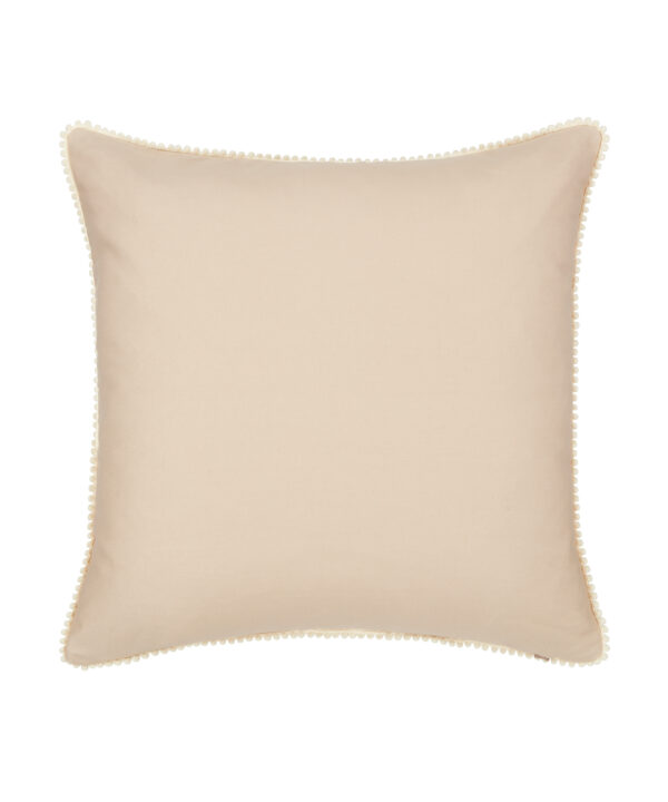 Beige cotton cushion reverse with small bobble trim.