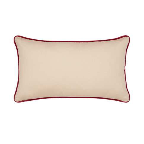 Cushion reverse in beige cotton with dark red piped trim.