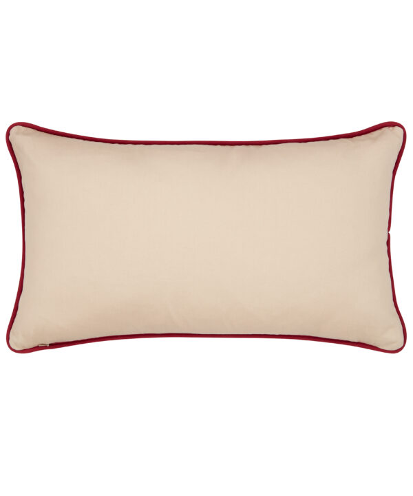 Cushion reverse in beige cotton with dark red piped trim.