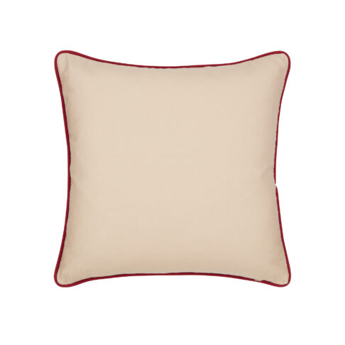 Beige cotton cushion reverse with dark red satin piped trim.