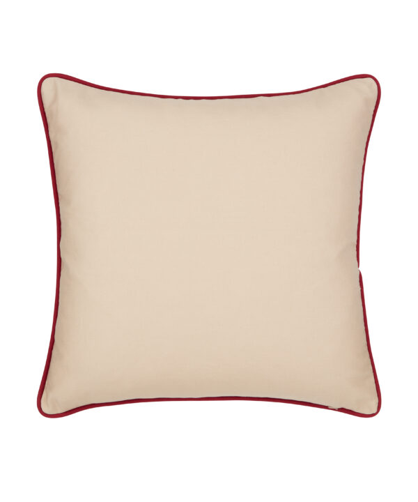 Beige cotton cushion reverse with dark red satin piped trim.