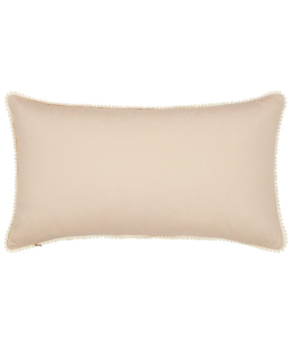 Cushion reverse in beige cotton with small bobble trim.