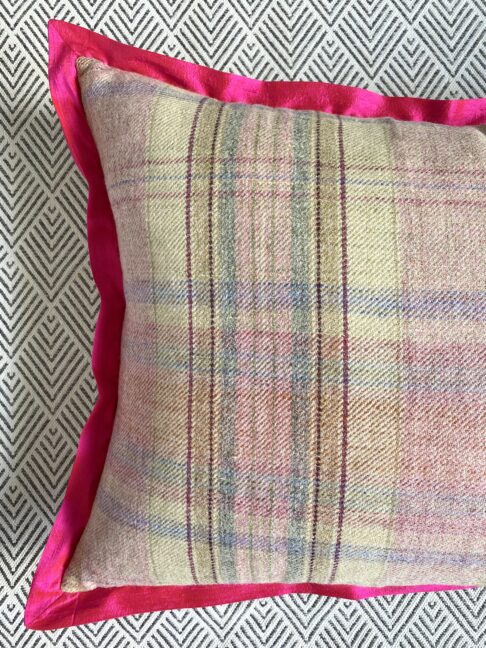 Pink tartan cushion reverse with hot pink, silk trim.