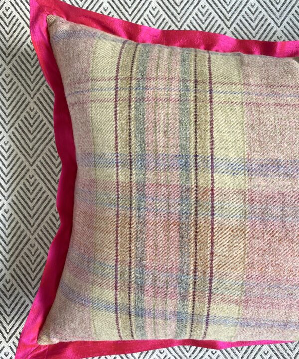 Pink tartan cushion reverse with hot pink, silk trim.