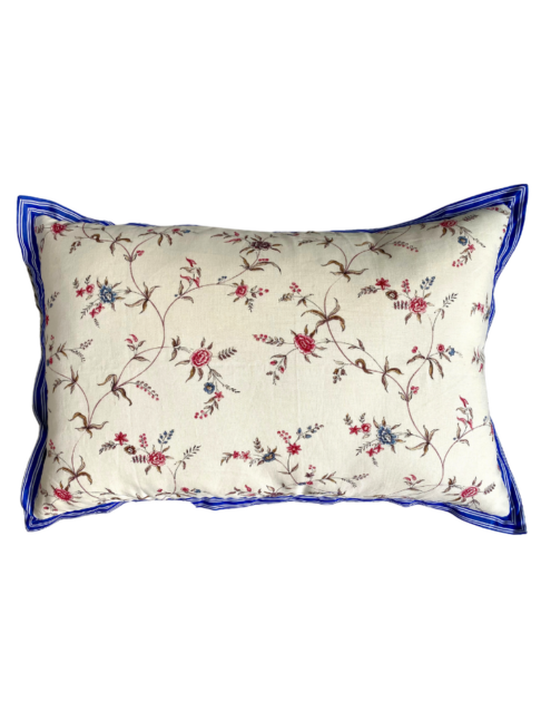 A pretty floral linen cushion with a sprig design and blue striped trim.