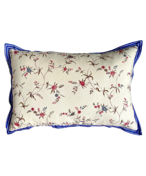 A pretty floral linen cushion with a sprig design and blue striped trim.