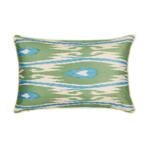 A rectangular blue and green silk Ikat cushion.