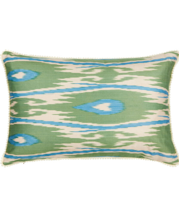 A rectangular blue and green silk Ikat cushion.