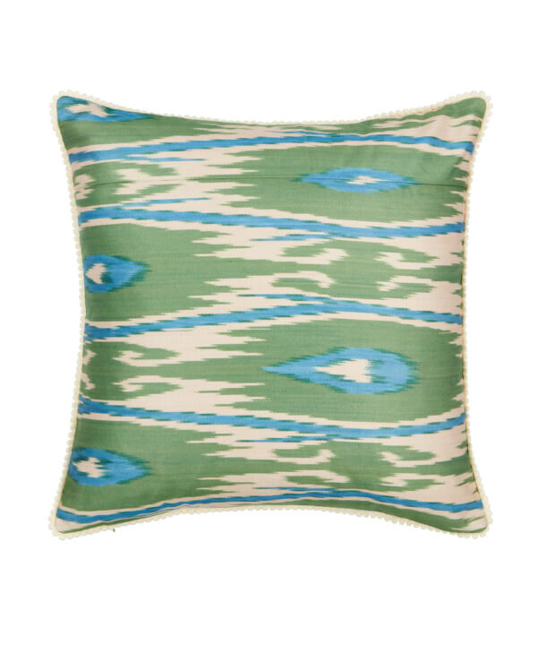 Blue and green cushions in hand-woven, luxury silk Ikat.