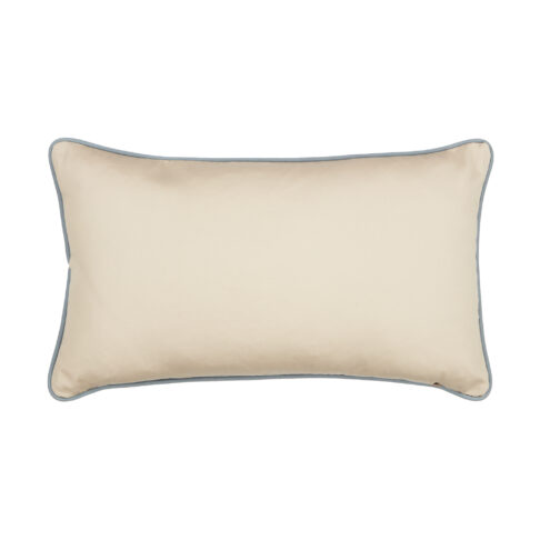 Cushion reverse in beige cotton with baby blue satin trim.