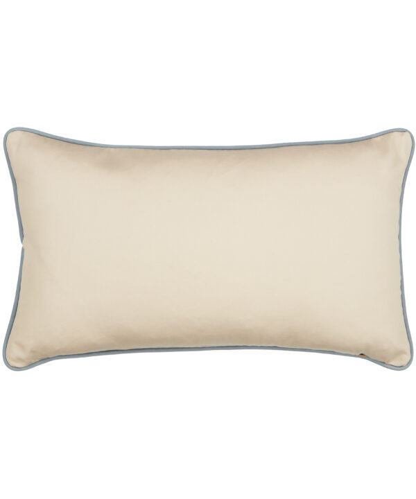 Cushion reverse in beige cotton with baby blue satin trim.