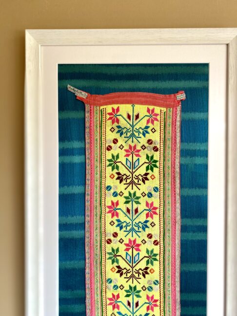 Teal blue silk and bright yellow Thai embroidery panel wall art.