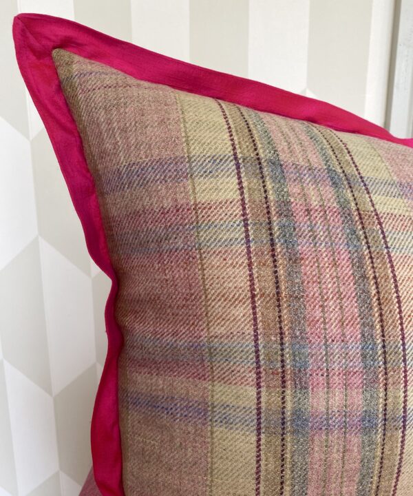 A pink tartan cushion (rose bud trellis design on the front).