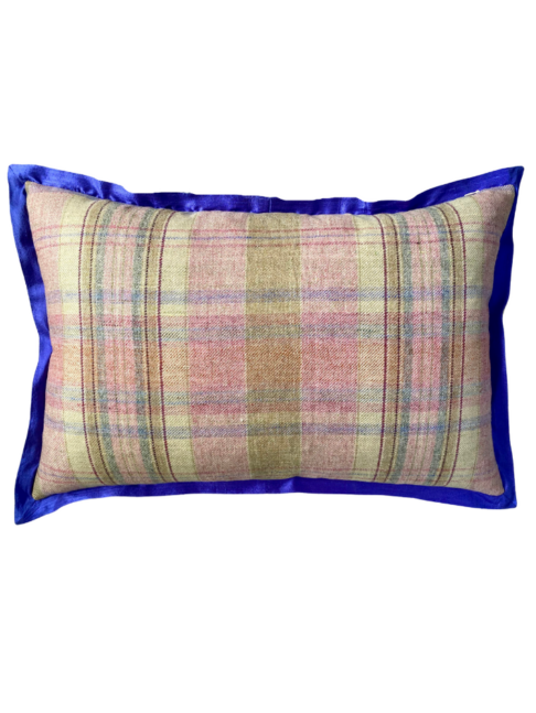 Pink tartan cushion reverse with blue silk trim.