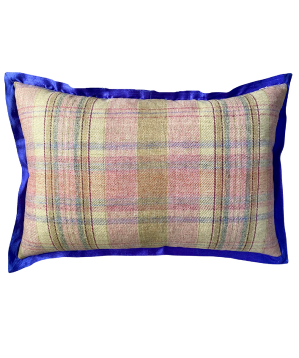 Pink tartan cushion reverse with blue silk trim.