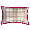 The pale cream and pink plaid reverse of a rectangular vintage floral cushion with a hot pink, silk trim.