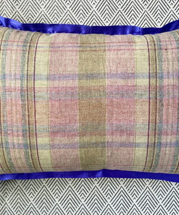 Pink check cushion reverse with blue silk trim.