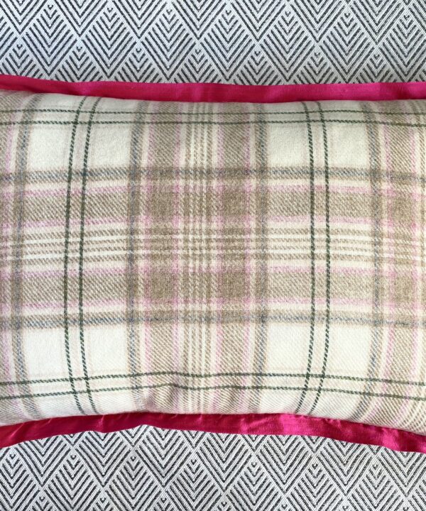 A cream, green and soft pink check cushion reverse with hot pink silk trim.