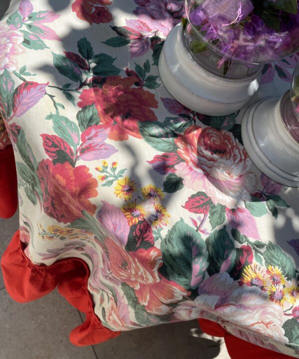 Vintage floral tablecloth close up.