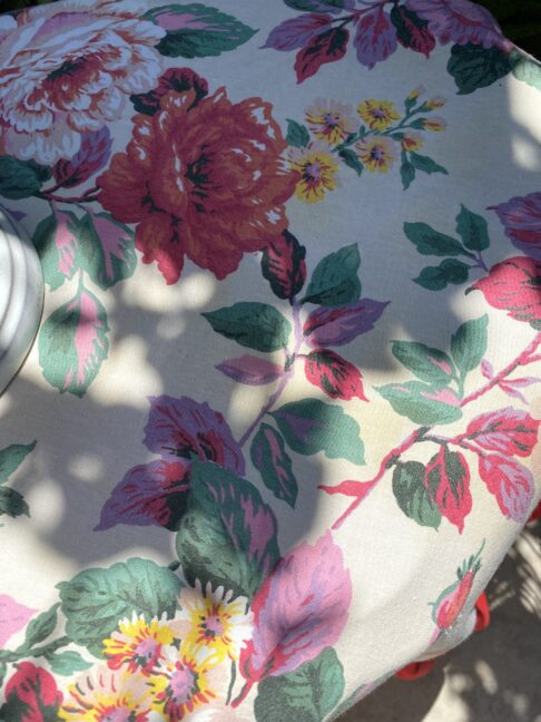 Vintage floral tablecloth detail.