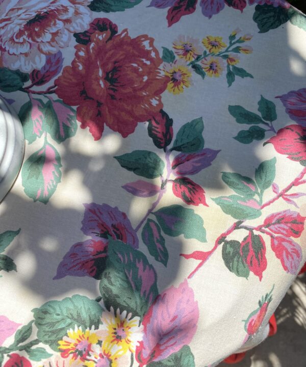 Vintage floral tablecloth detail.