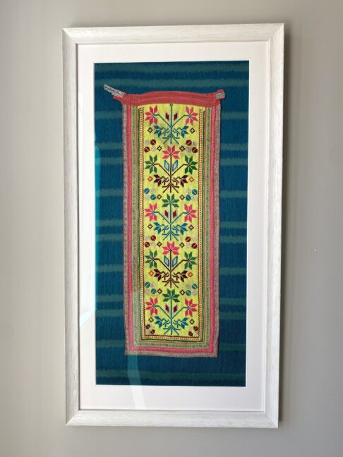 Framed textile art for your walls in yellow and turquoise