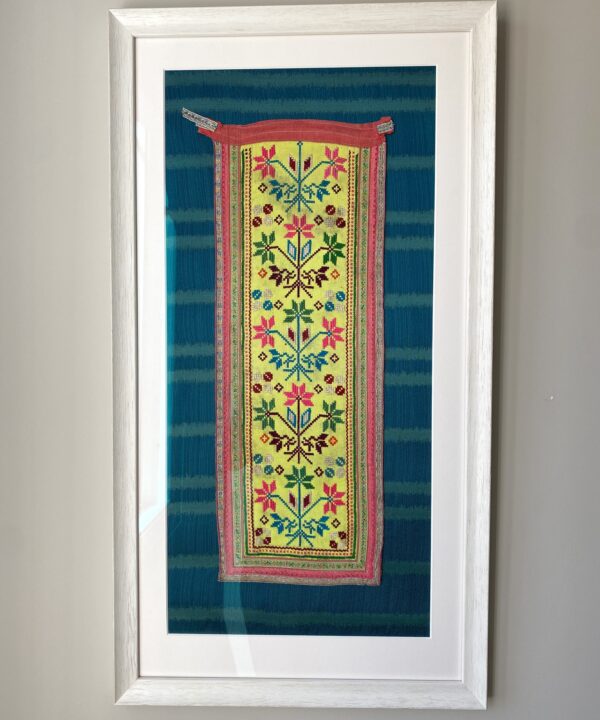 Framed textile art for your walls in yellow and turquoise