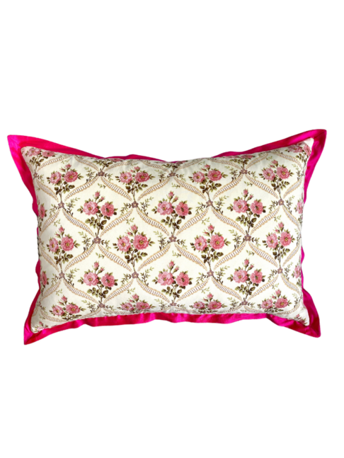 Vintage floral cushions with trellis design and hot pink, silk trim.