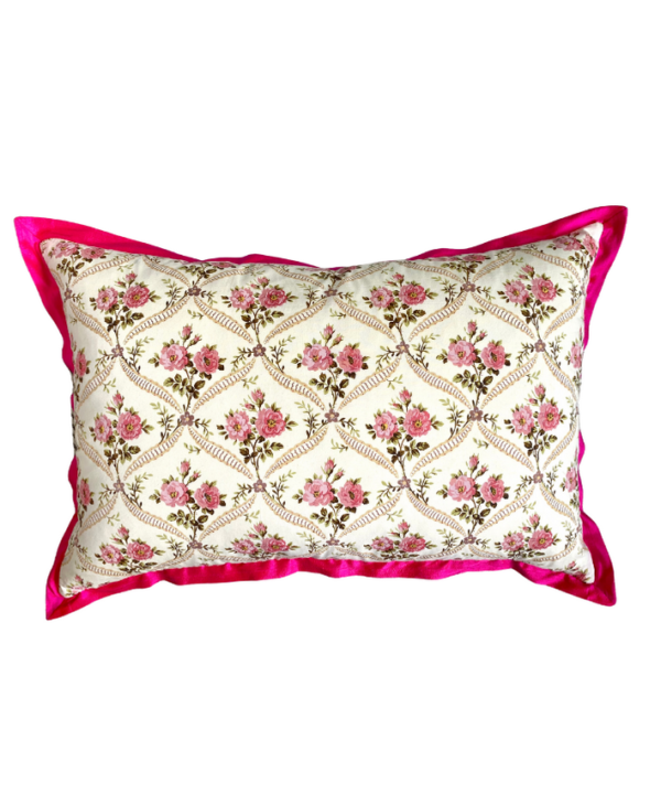 Vintage floral cushions with trellis design and hot pink, silk trim.