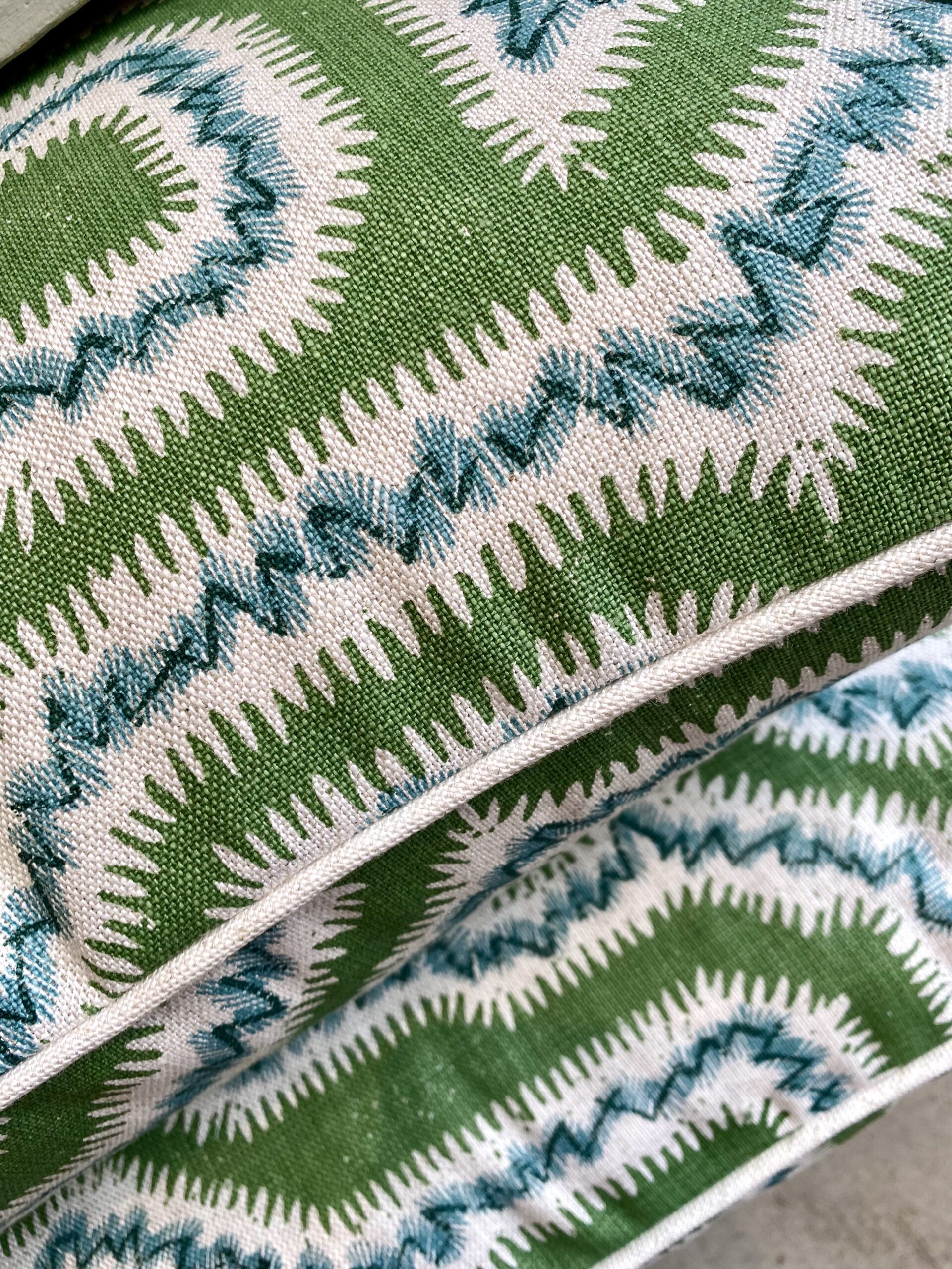 Green linen cushion in Moorish Maze
