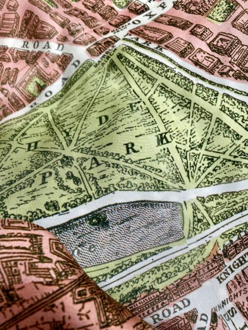 Hyde Park, London, as depicted on a luxury silk scarf printed with a map of London.