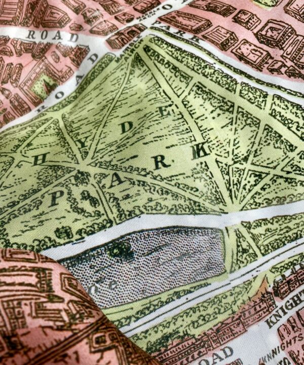 Hyde Park, London, as depicted on a luxury silk scarf printed with a map of London.