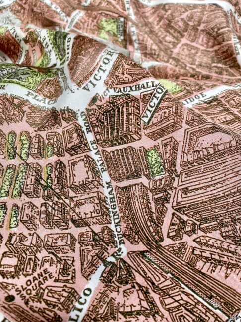 Detail of the city streets on London on a vintage map print scarf.