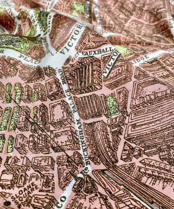 Detail of the city streets on London on a vintage map print scarf.