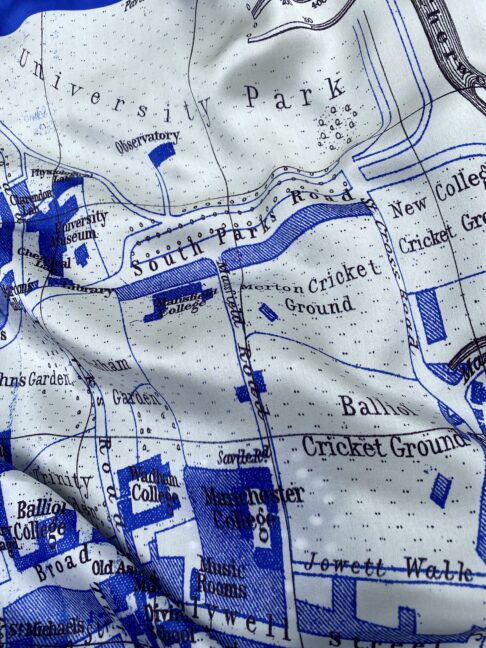 The streets and colleges of Oxford on a luxury silk scarf.