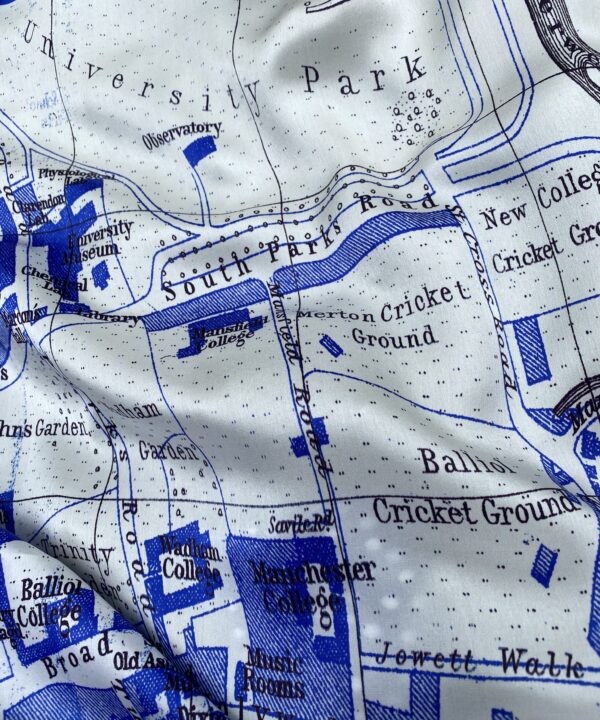 The streets and colleges of Oxford on a luxury silk scarf.