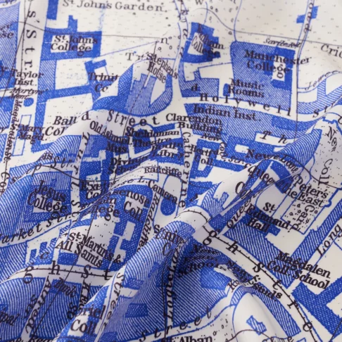 Detail of the Royal blue Oxford city map print silk scarf.