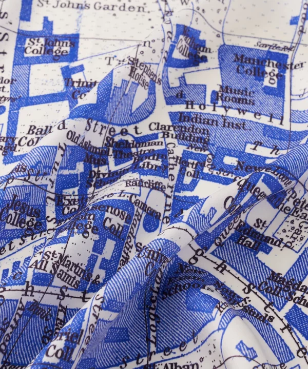 Detail of the Royal blue Oxford city map print silk scarf.