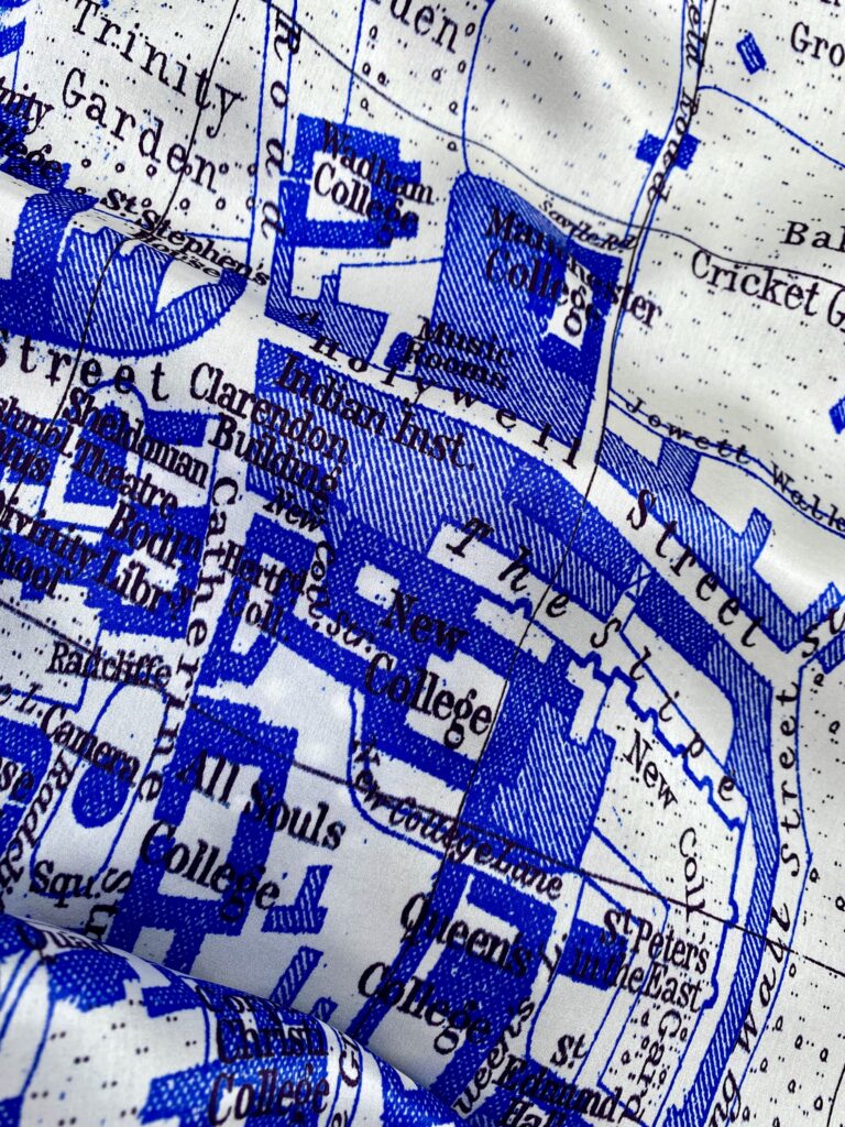 The city streets of Oxford depicted on a vintage map print luxury silk scarf.