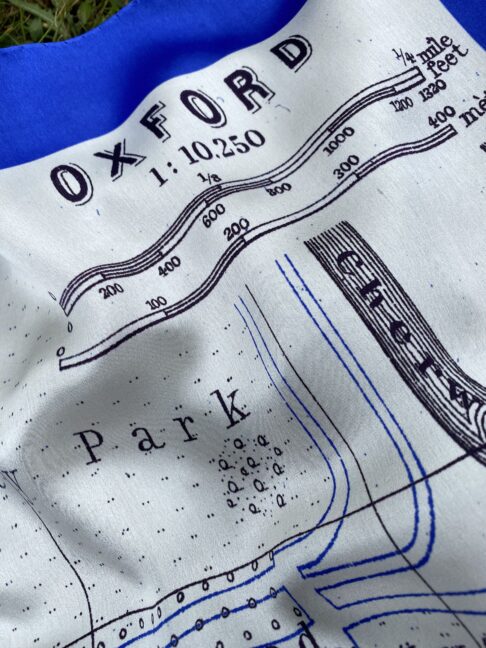 Detail of an Oxford print silk scarf in Royal blue, black and white.