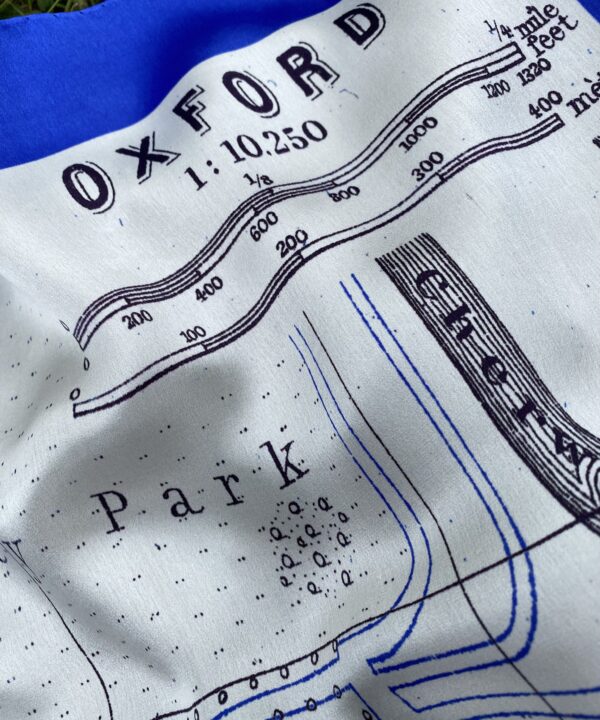 Detail of an Oxford print silk scarf in Royal blue, black and white.