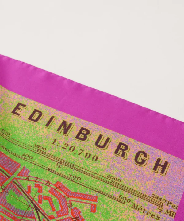 An Edinburgh map print luxury silk scarf in deep magenta pink and lime green.