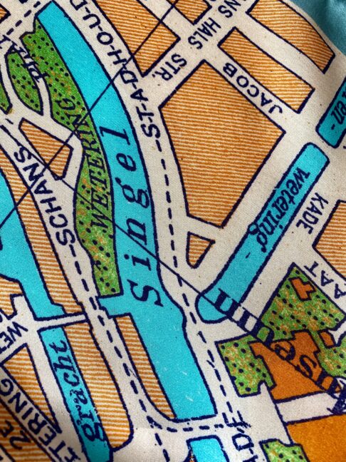 Blue and orange silk scarf printed with a vintage Amsterdam map.