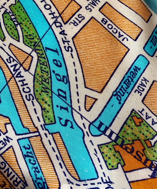 Blue and orange silk scarf printed with a vintage Amsterdam map.